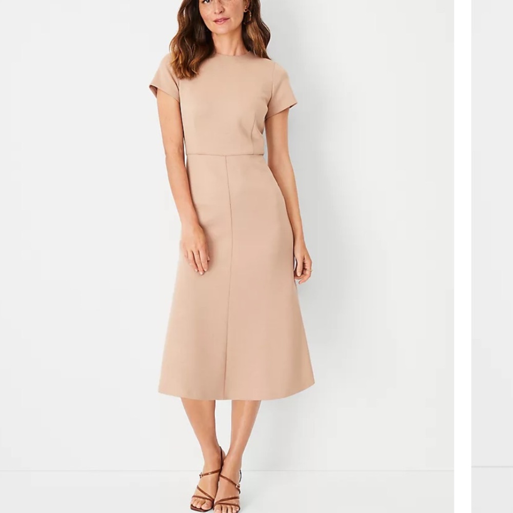 Ann Taylor Tan A-Line Midi Dress Short Sleeve NEW
